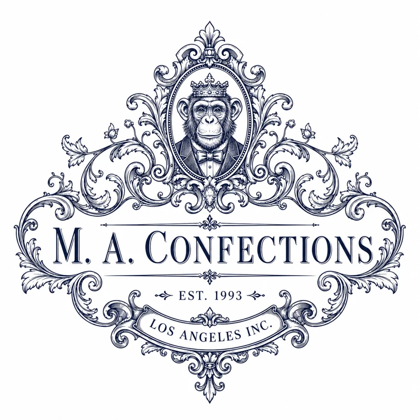 Official M.A. Confections Los Angeles emblem featuring an ornate monkey portrait